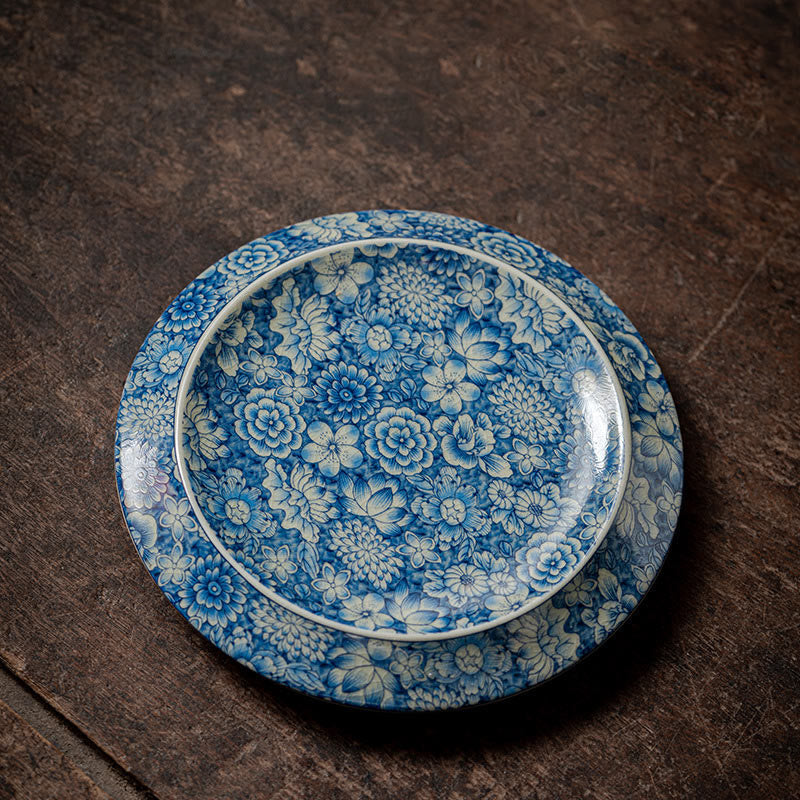 Nimara Ritual Vintage Blue And White Porcelain Peach Blossom Lotus Peony Ceramic Gaiwan Sancai Teacup Kung Fu Tea Cup And Saucer With Lid