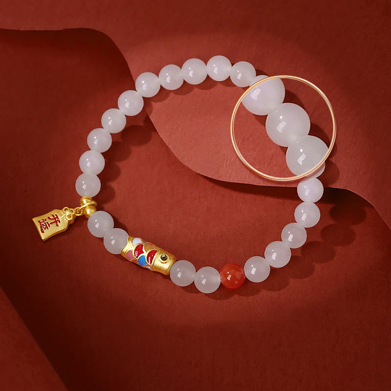 Nimara Ritual 925 Sterling Silver Hetian White Jade Red Agate Koi Fish Luck Happiness Bracelet