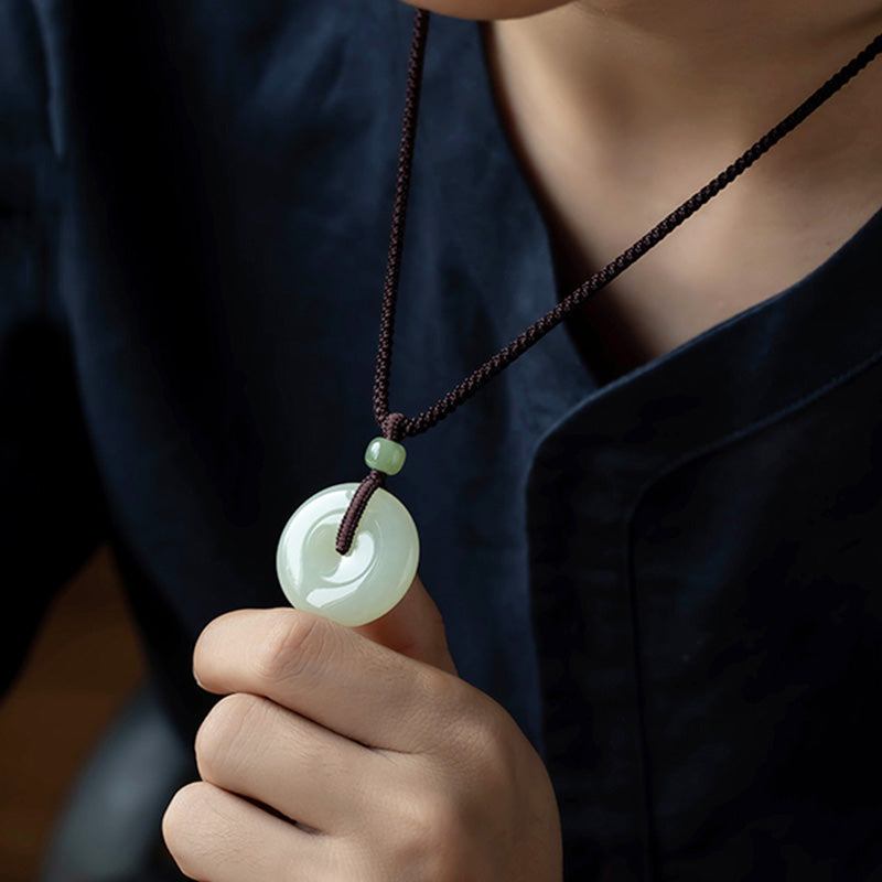 Nimara Ritual Natural Round Jade Peace Buckle Luck Prosperity Necklace Pendant