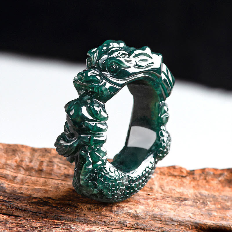 Nimara Ritual Natural Cyan Jade Dragon Carved Success Ring