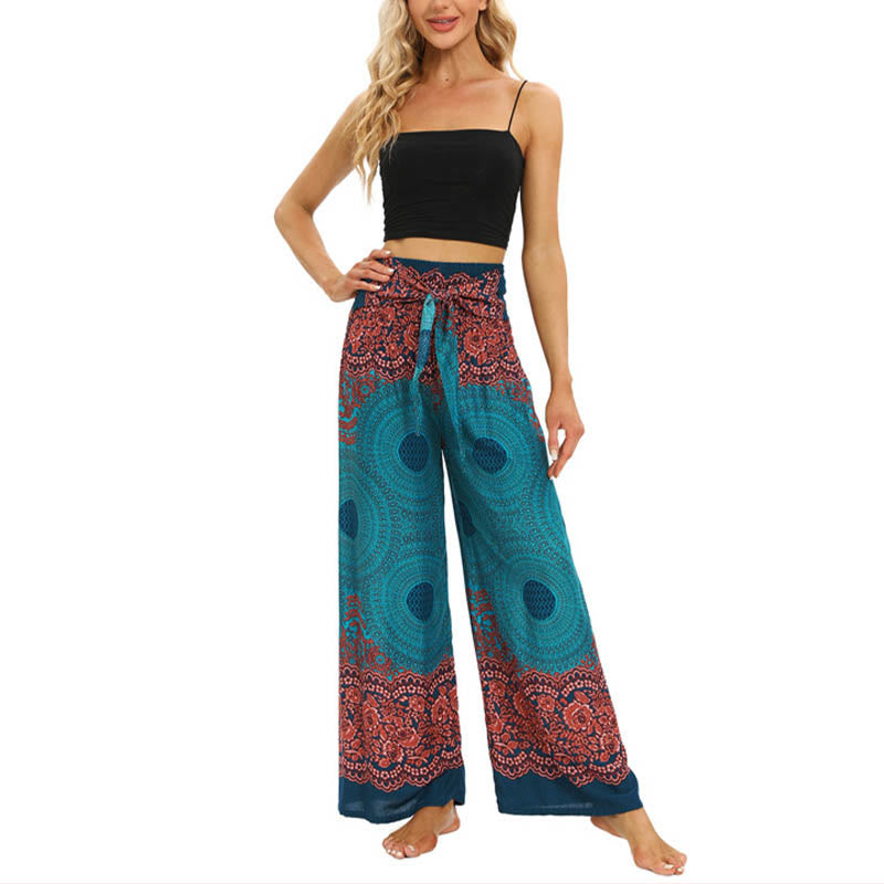 Nimara Ritual Bohemian Compass Flower Print Lace-up Wide Leg Pants Women's Yoga Pants