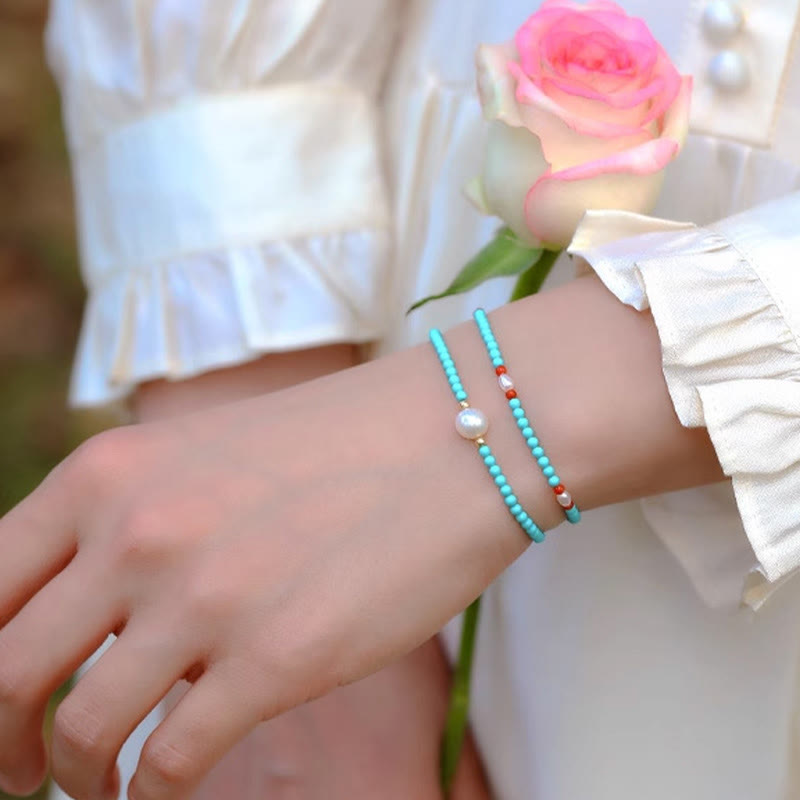 Nimara Ritual Turquoise Red Agate Pearl Small Beaded Protection Bracelet
