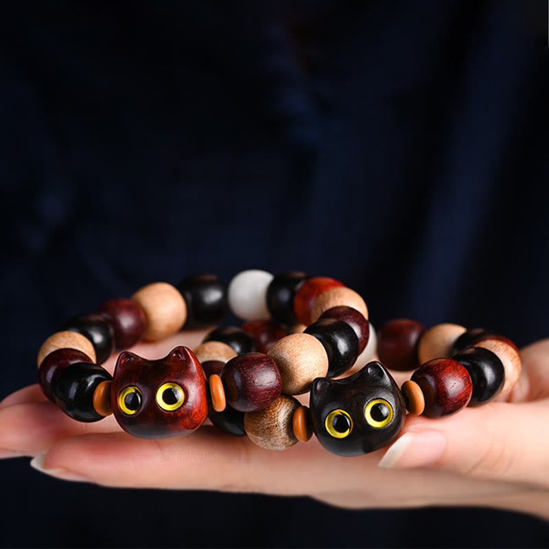 Nimara Ritual Small Leaf Red Sandalwood Ebony Wood Cute Cat Engraved Protection Bracelet