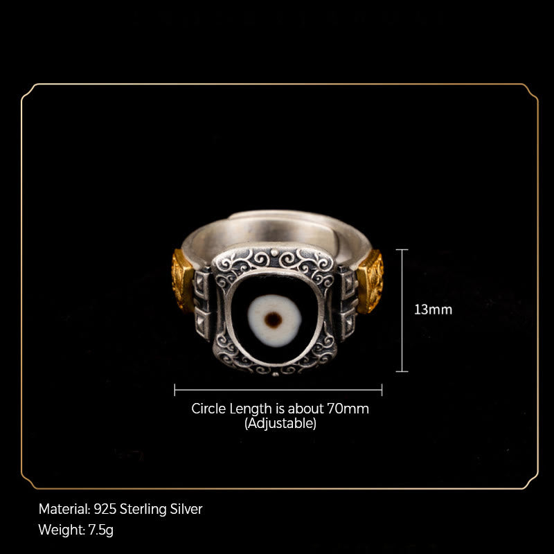 Nimara Ritual 925 Sterling Silver Zakiram Goddess of Wealth Design Dzi Bead Protection Ring