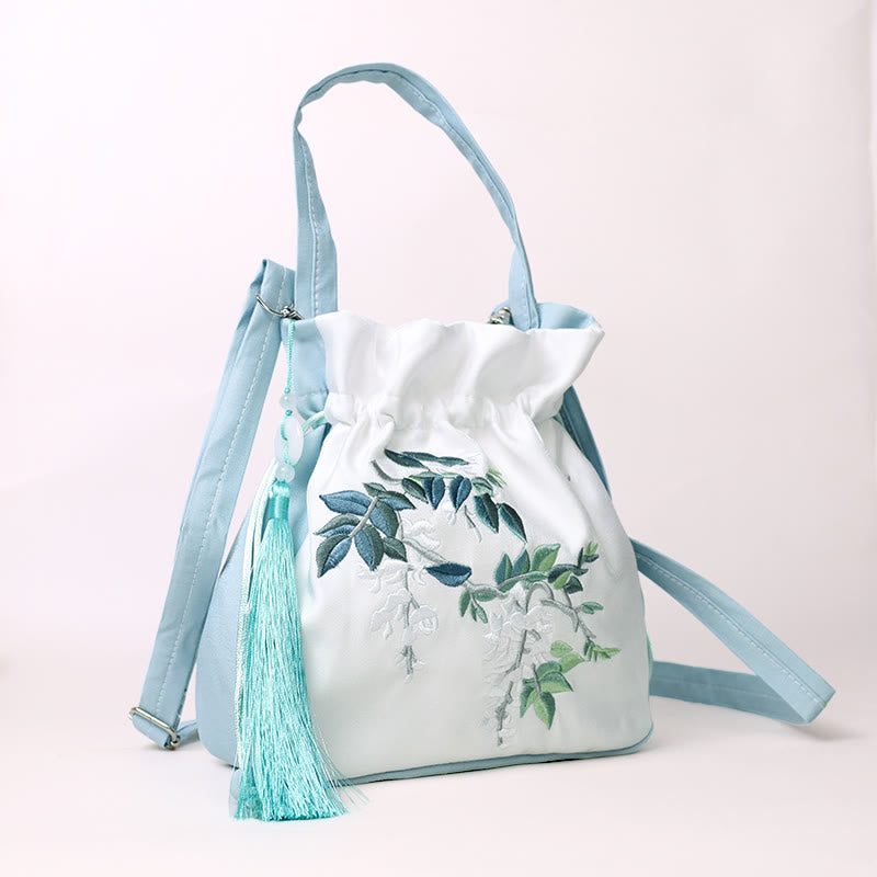 Nimara Ritual Embroidered Flowers Wisteria Lily Cotton Linen Tote Crossbody Bag Shoulder Bag Handbag
