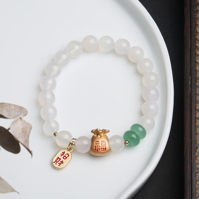 Nimara Ritual Natural White Agate Red Agate Money Bag Fu Character Four Leaf Clover Protection Bracelet