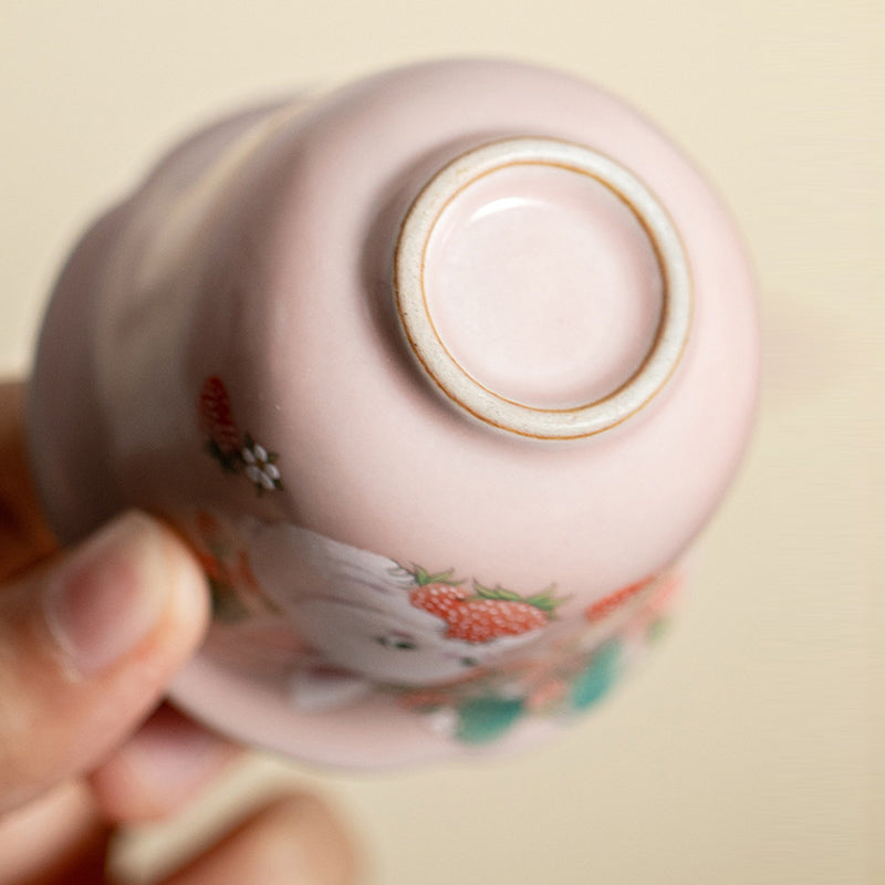 Nimara Ritual Cute Strawberry Rabbit Flower Ceramic Teacup Kung Fu Tea Cup 55ml