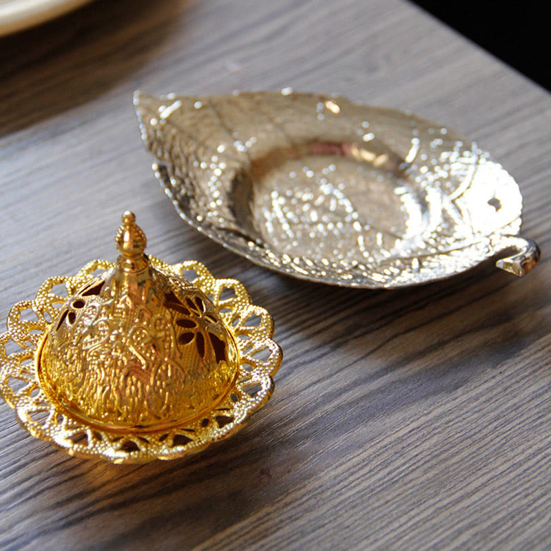 Nimara Ritual Tibetan Gold Mini Leaf Coaster Meditation Incense Burner