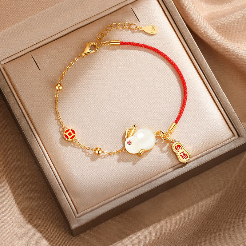 Nimara Ritual Year of the Rabbit White Jade Happiness Red String Chain Bracelet