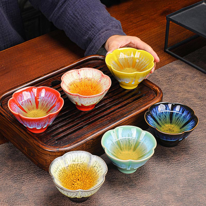 Nimara Ritual 6Pcs Plum Blossom Petal Pattern Chinese Jianzhan Kiln Change Ceramic Teacup Kung Fu Tea Cup Bowl With Gift Box