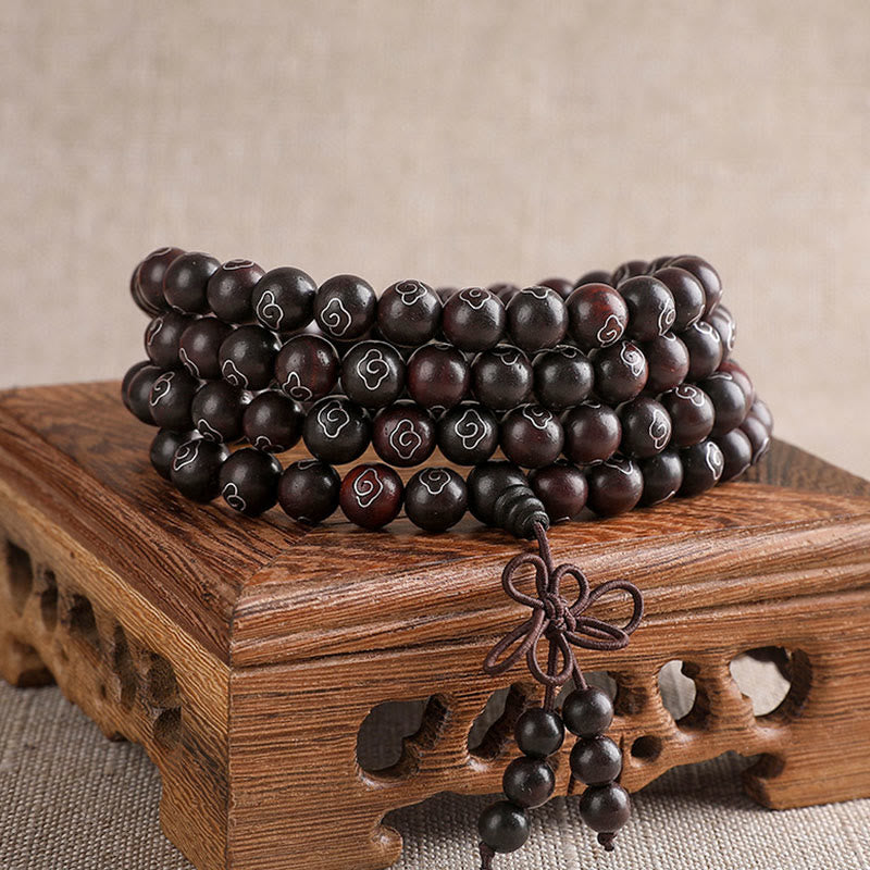 Nimara Ritual 925 Sterling Silver Inlaid Small Leaf Red Sandalwood Om Mani Padme Hum Character Auspicious Clouds Protection Bracelet