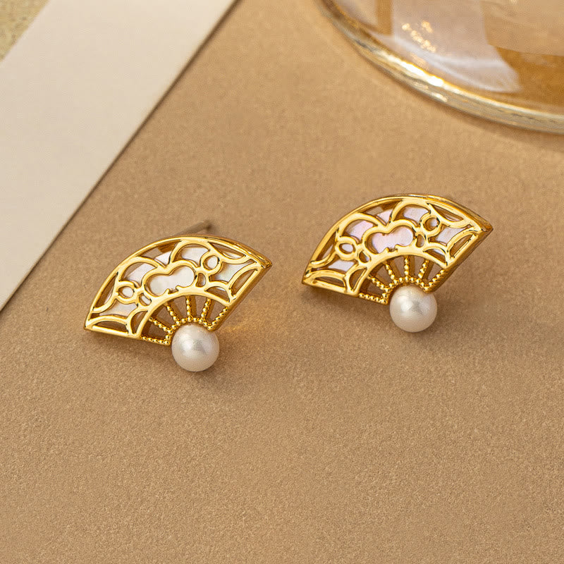 Nimara Ritual 925 Sterling Silver Posts Fan Pattern Pearl Copper Wisdom Stud Drop Earrings