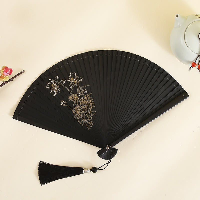 Nimara Ritual Hibiscus Flower Plum Blossom Handheld Bamboo Folding Fan