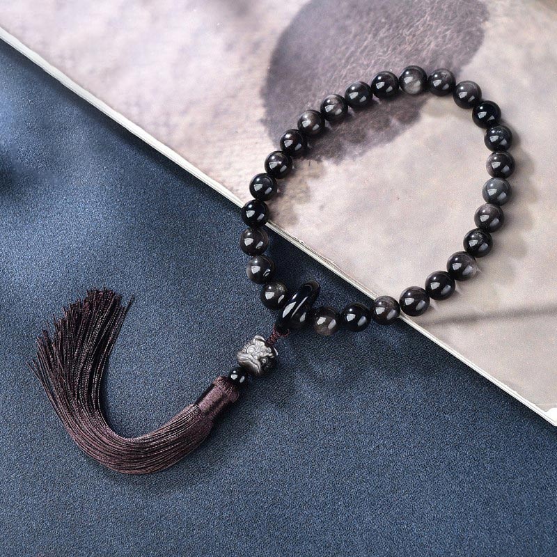 Nimara Ritual Natural Silver Sheen Obsidian Lion Wrist Mala Protection Tassels Pocket Mala Car Decoration