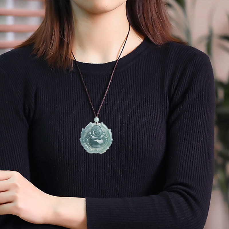 Nimara Ritual Natural Jade Laughing Buddha Lotus Pattern Luck Necklace Pendant