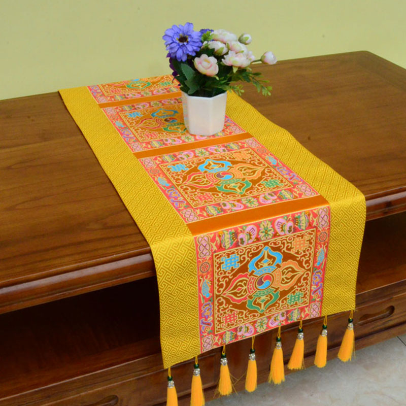 Nimara Ritual Prayer Altar Mat Man-Bcu Kalachakra Endless Knot Vajra Tibetan Auspicious Symbols Tassels Table Runner