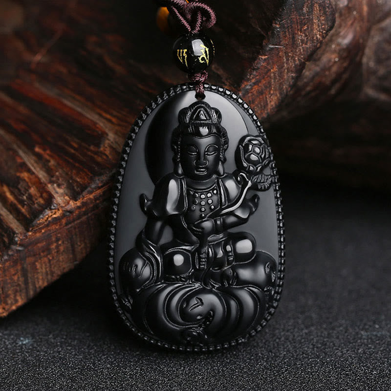 Nimara Ritual Chinese Zodiac Natal Buddha Natural Black Obsidian Purification Necklace Pendant
