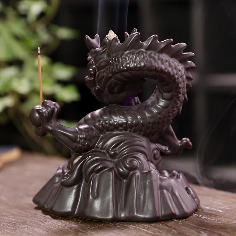 Nimara Ritual Auspicious Dragon Ceramic Backflow Smoke Fountain Meditation Healing Incense Burner Led Ball Decoration