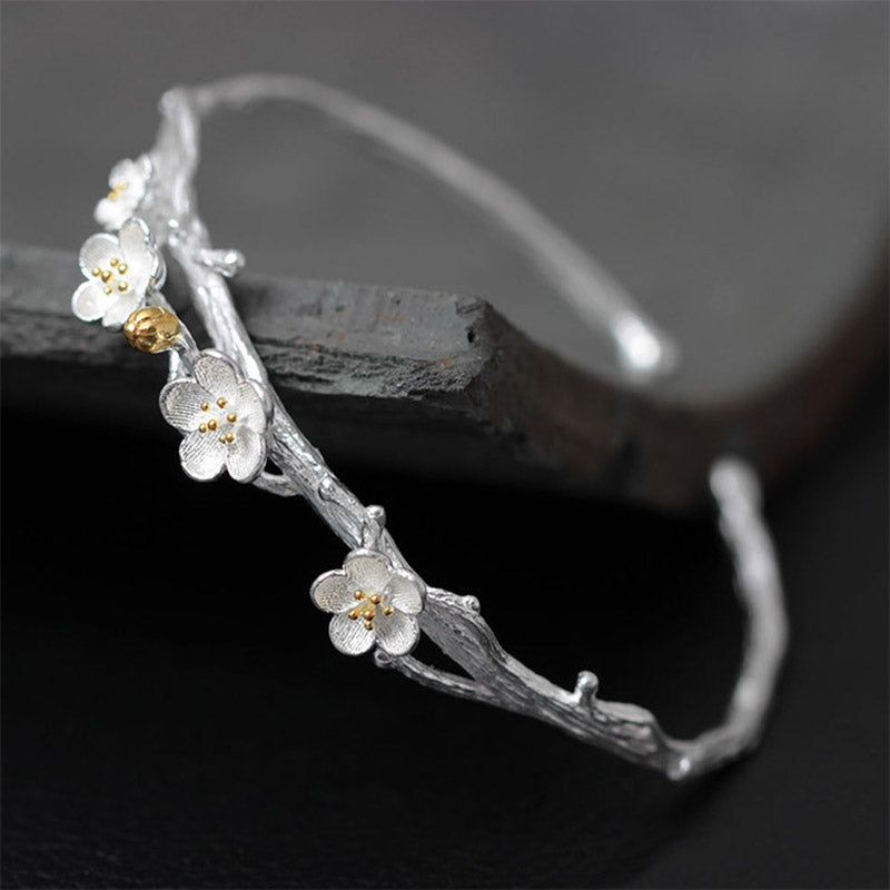 Nimara Ritual 925 Sterling Silver Plum Flower Blessing Bracelet Adjustable Bangle