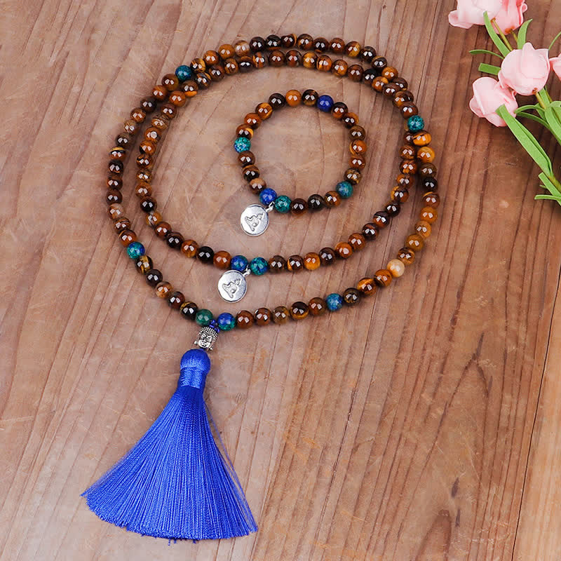 Nimara Ritual 108 Mala Beads Tiger Eye Buddha Strength Bracelet Tassel Necklace Pendant