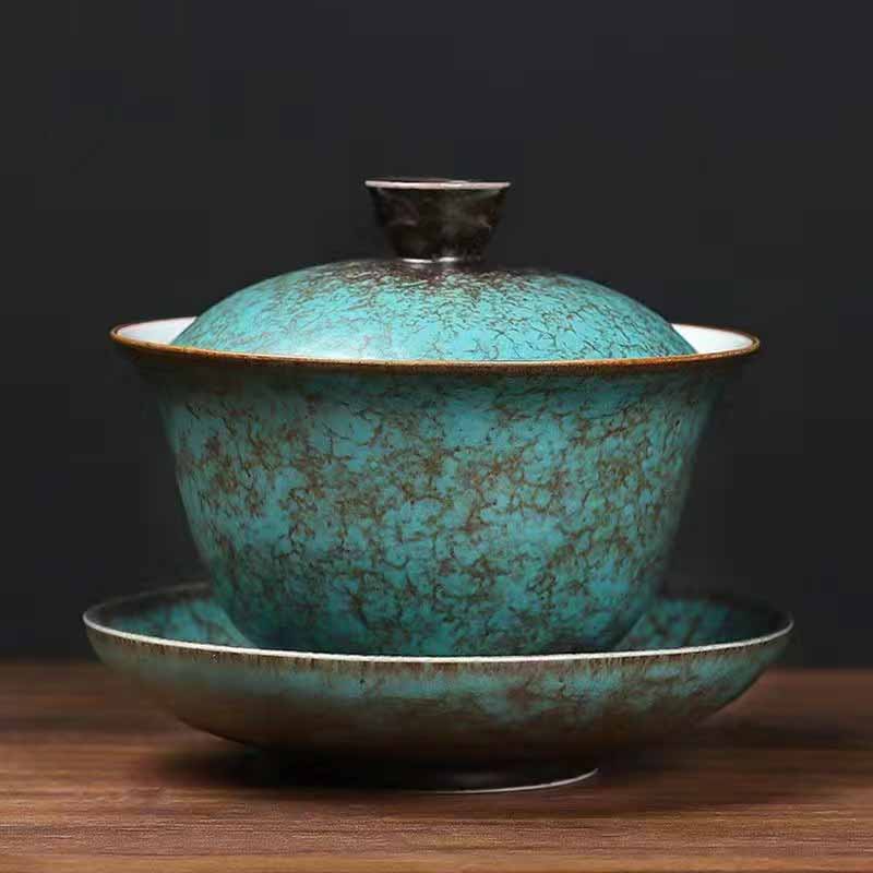 Nimara Ritual Traditional Pine Tree Green Ceramic Gaiwan Sancai Teacup Kung Fu Tea Cup And Saucer With Lid