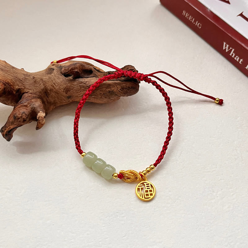 Nimara Ritual Handcrafted Jade Bead Fu Character Charm Luck Red Rope Bracelet