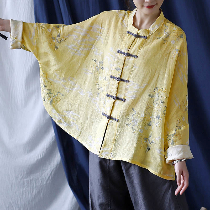 Nimara Ritual Yellow Phoenix Print Frog-button Design Long Sleeve Ramie Linen Jacket Shirt