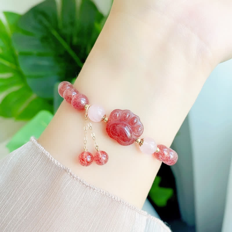 Nimara Ritual Natural Strawberry Quartz Pink Crystal Lucky Cat Paw Love Bracelet