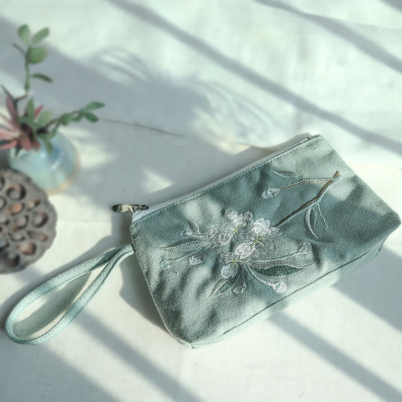 Nimara Ritual Small Flower Plum Cherry Crane Peach Blossom Embroidery Canvas Wallet Shopping Purse