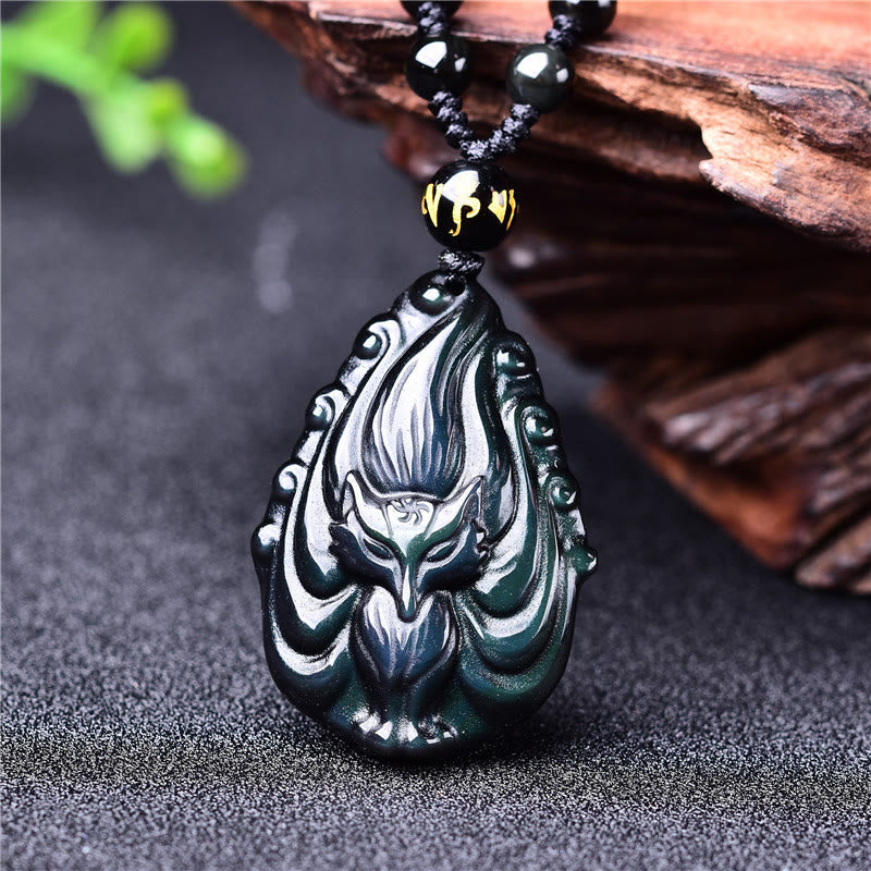 Nimara Ritual Natural Rainbow Obsidian Nine Tailed Fox Inner Peace Necklace Beaded String Pendant
