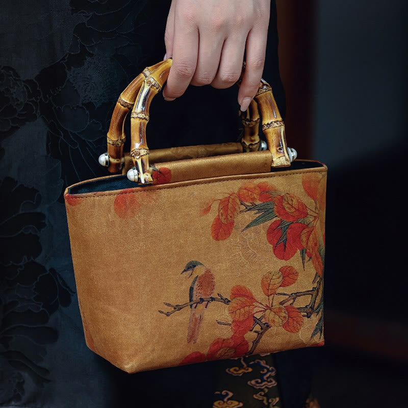 Nimara Ritual Yellow Bird Branches Green Peony Flower Bamboo Handles Handbag