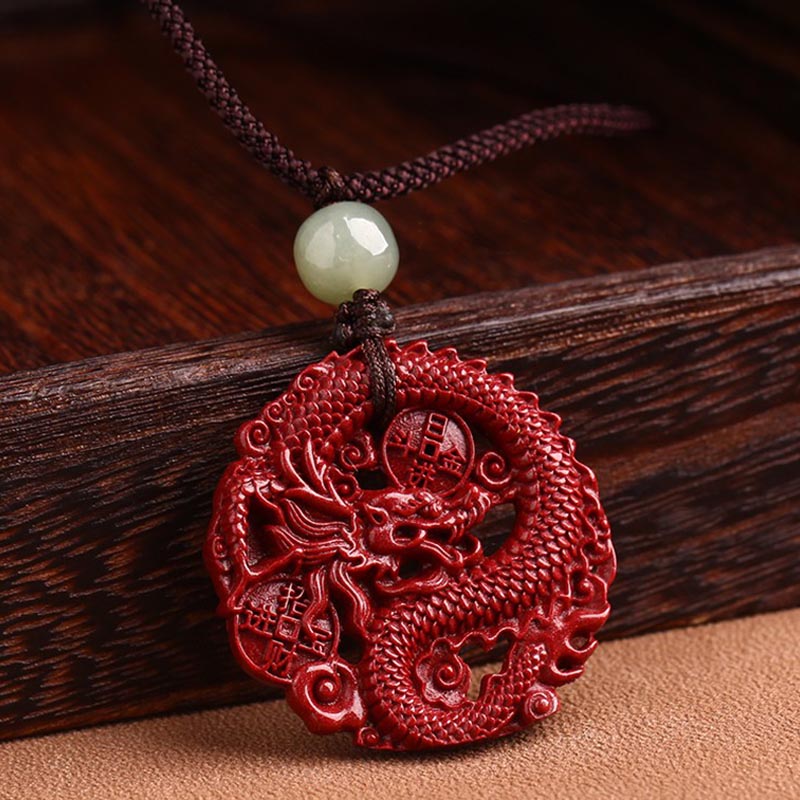 Nimara Ritual Year Of The Dragon Natural Cinnabar Hetian Jade Bead Copper Coin Attract Wealth Strength Necklace Pendant