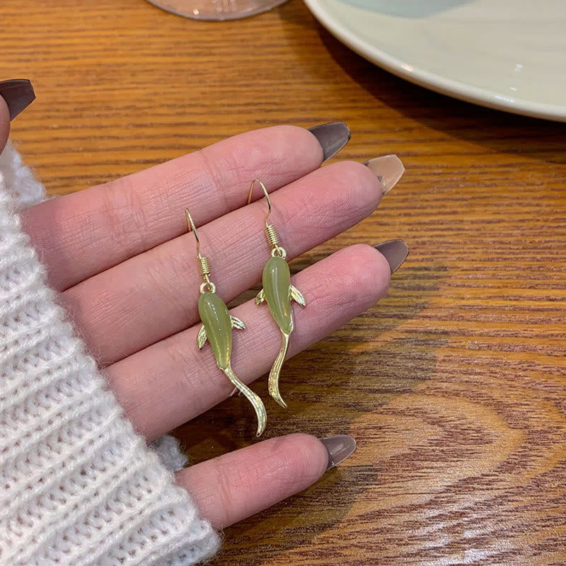 Luck and Healing Fish Pattern Jade Dangle Drop Earrings