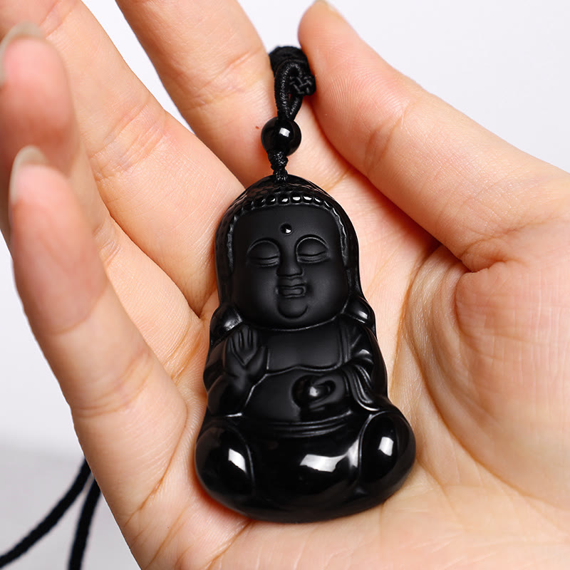 Nimara Ritual Natural Black Obsidian Crystal Buddha Strength Protection Amulet Lucky Charm Pendant Necklace