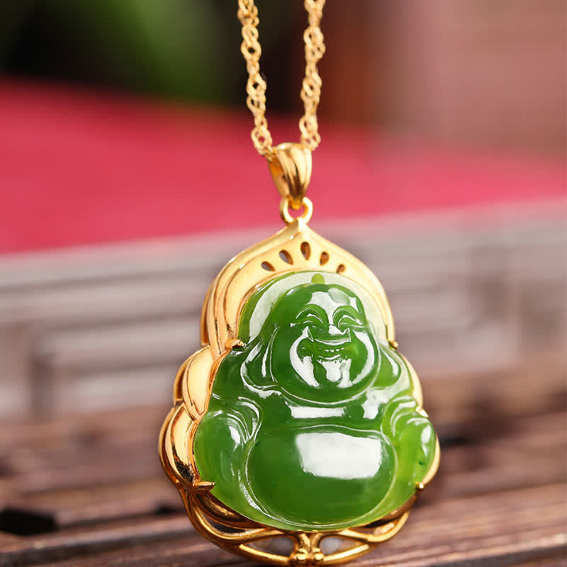 Nimara Ritual 925 Sterling Silver Natural Hetian Cyan Jade Laughing Buddha 18K Gold Healing Necklace Chain Pendant