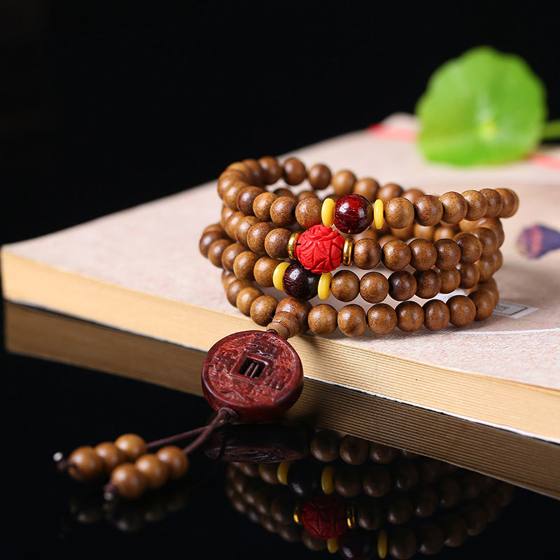 Nimara Ritual 108 Mala Beads Peach Wood Bodhi Seed Lotus Prayer Meditation Bracelet