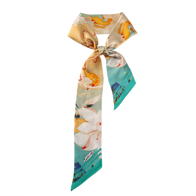 Nimara Ritual Dunhuang Frescoes Mountains Sunset Floral Pattern 100% Mulberry Twilly Silk Neck Hair Scarf