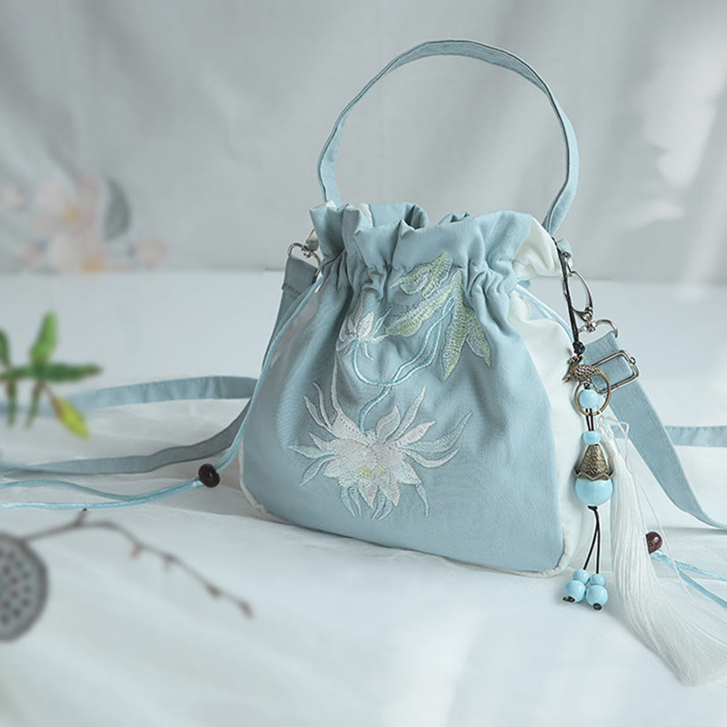 Nimara Ritual Handmade Embroidered Flowers Canvas Tote Shoulder Bag Handbag