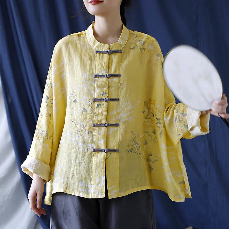 Nimara Ritual Yellow Phoenix Print Frog-button Design Long Sleeve Ramie Linen Jacket Shirt