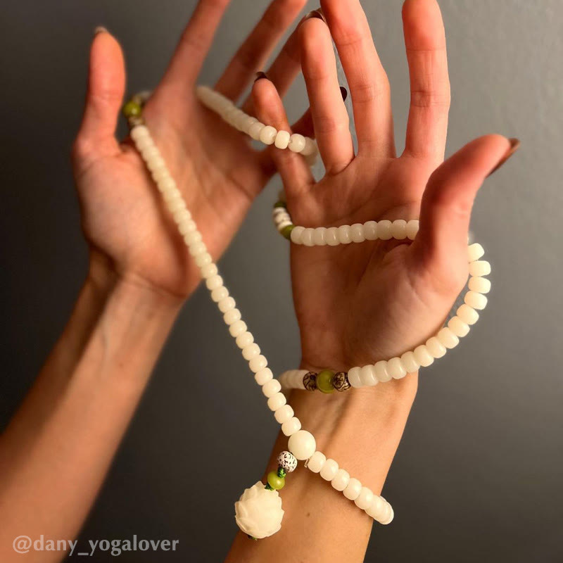 Nimara Ritual White Jade Bodhi Lotus Mala Harmony Necklace Bracelet