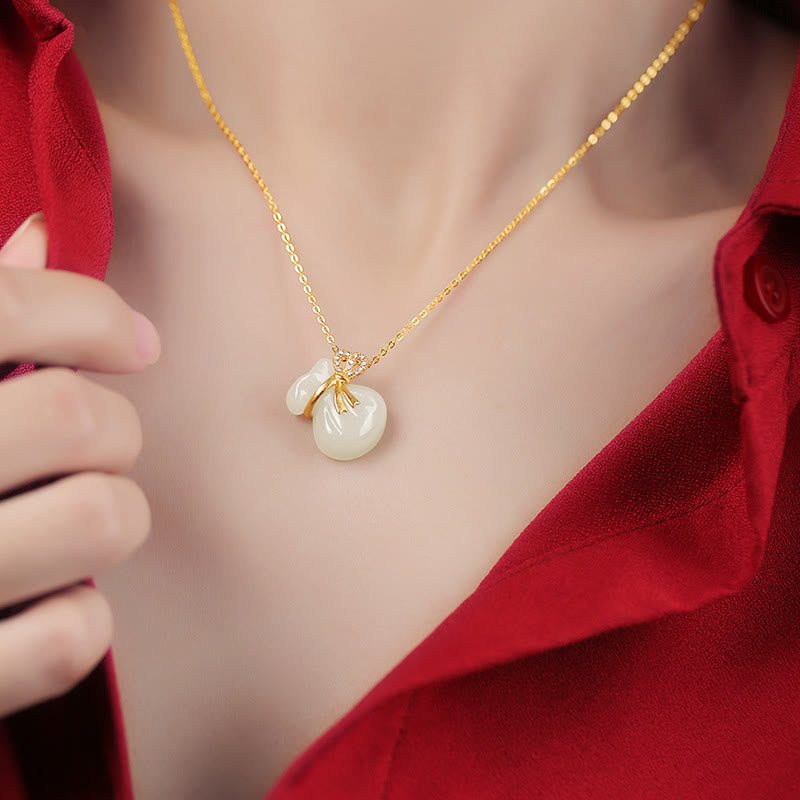 Nimara Ritual Natural Hetian White Jade Luck Money Bag Necklace Pendant