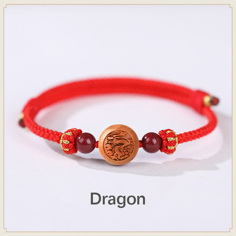 Nimara Ritual Natural Peach Wood Chinese Zodiac Fu Character Carved Cinnabar Wealth Bracelet