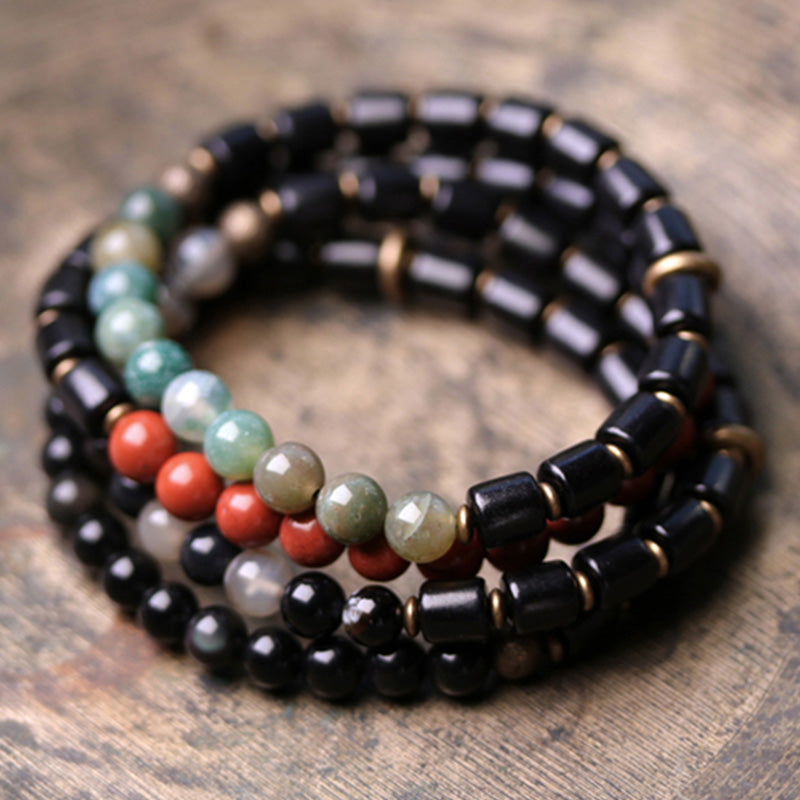 Nimara Ritual Ebony Wood Red Jasper Moss Agate Crystal Copper Peace Couple Bracelet
