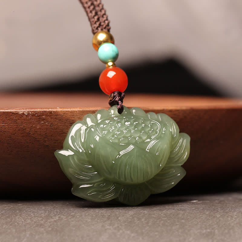 Nimara Ritual Hetian Cyan Jade Lotus Flower Success Necklace Pendant