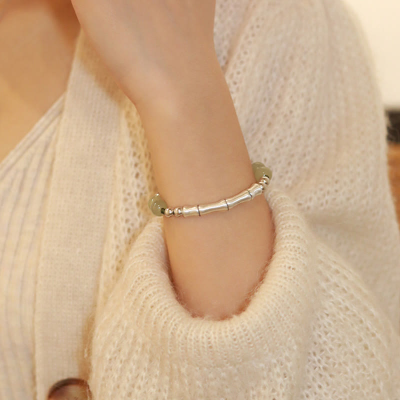 Nimara Ritual 925 Sterling Silver Natural Jade Fu Character Bamboo Abundance Bracelet
