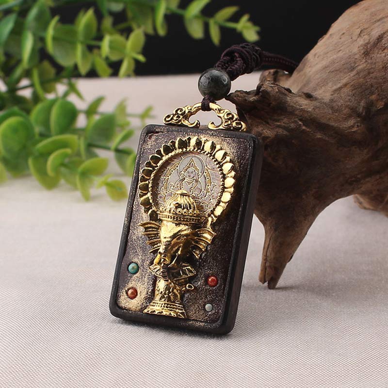 Nimara Ritual Ebony Wood Elephant God of Fortune Buddha Blessing Necklace String Pendant
