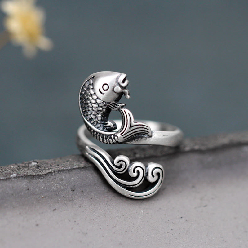 Nimara Ritual 925 Sterling Silver Koi Fish Water Ripple Luck Wealth Ring