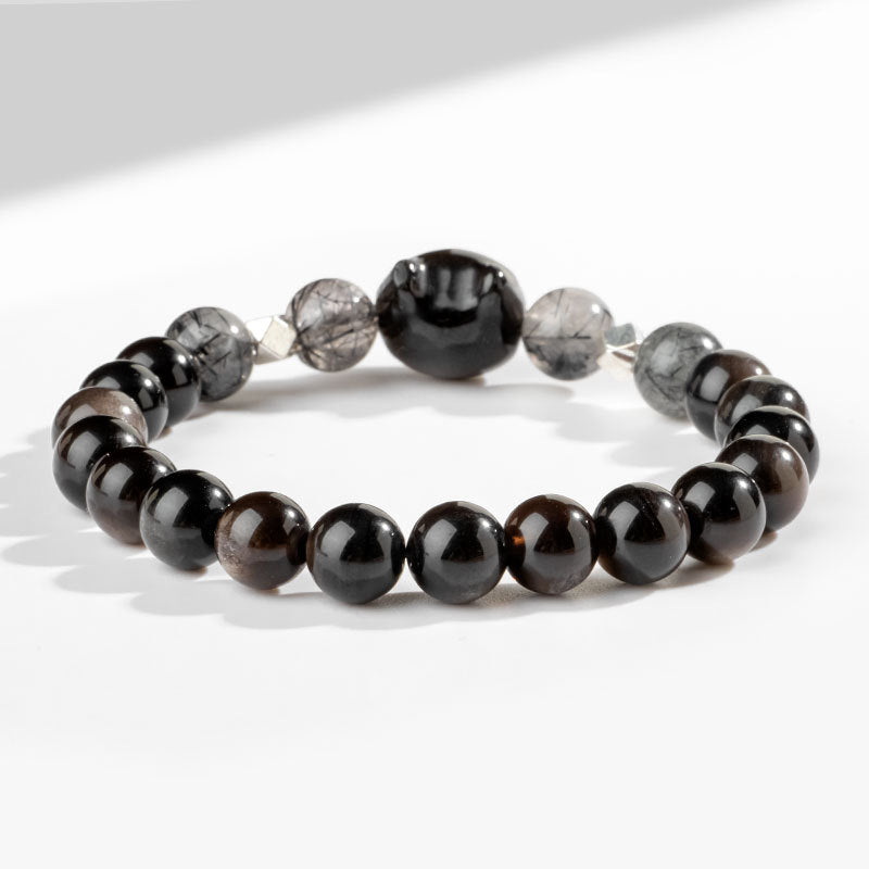 Nimara Ritual Natural Silver Sheen Obsidian Cute Cat Head Protection Bracelet