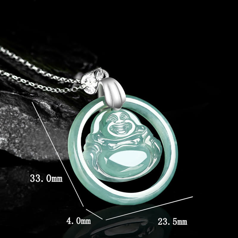 Nimara Ritual Natural Jade Round Laughing Buddha Abundance Titanium Steel Chain Necklace Pendant