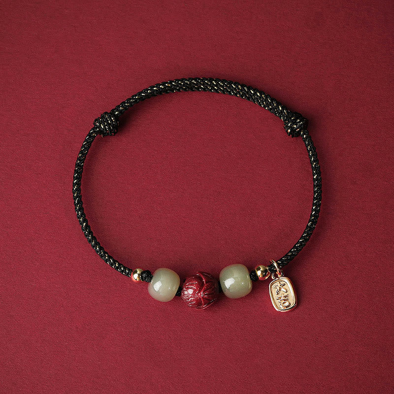 Nimara Ritual 14K Gold Plated Hetian Jade Cinnabar Lotus Luck Handcrafted Rope Bracelet